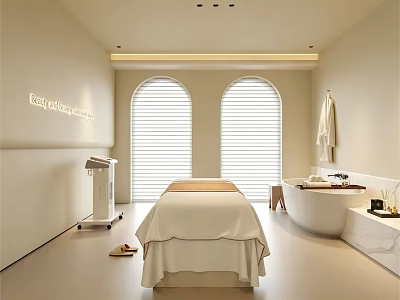 Minimalist Beauty Salon Interior With Massage Table Bathtub And Arched Windows 3d model
