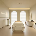 Minimalist Beauty Salon Interior With Massage Table Bathtub And Arched Windows