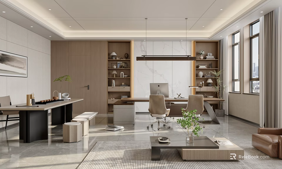 Modern Office Interior Design With Wooden Bookshelves Desk Pendant Lights Ergonomic Chairs And Green Plants 3d model 