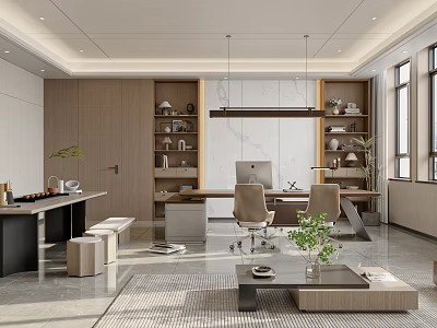 Modern Office Interior Design With Wooden Bookshelves Desk Pendant Lights Ergonomic Chairs And Green Plants 3d model