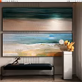 Modern Abstract Wall Art With Beach Scene And Yellow Dog Ornament In Living Room