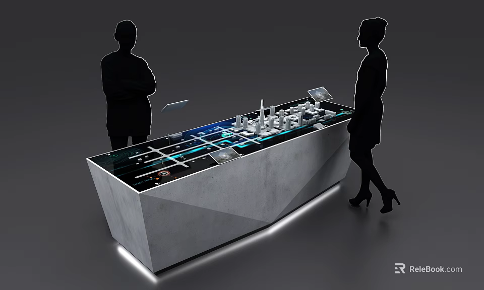 Modern Interactive Display Counter With Digital Models And People Observing Illuminated Lines 3d model 