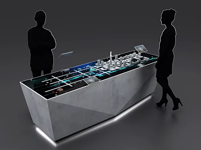 Modern Interactive Display Counter With Digital Models And People Observing Illuminated Lines 3d model