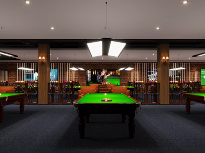 Modern Billiard Room Interior With Green Pool Tables Hanging Lights And Brick Walls 3d model