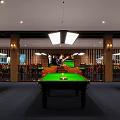 Modern Billiard Room Interior With Green Pool Tables Hanging Lights And Brick Walls