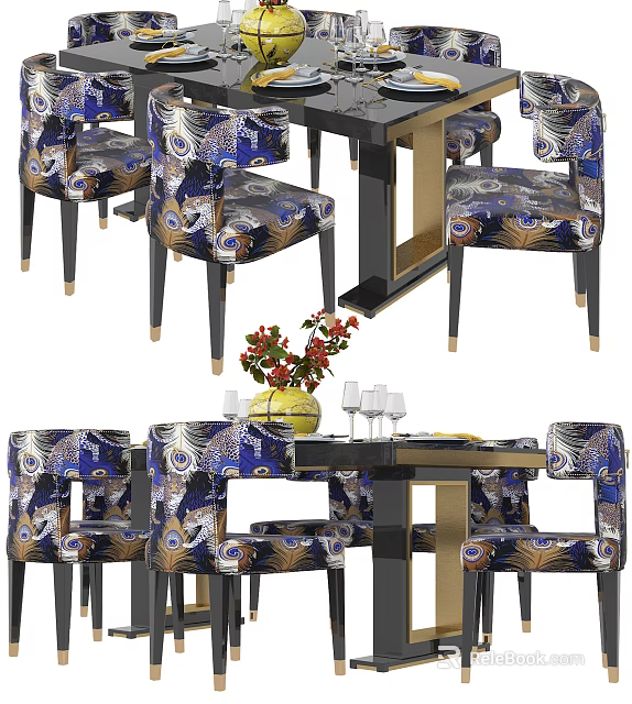 Modern Dining Table Set With Peacock Patterned Chairs Floral Vase And Wine Glasses 3d model
