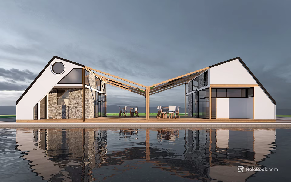 Modern Country Inn With Symmetric White Black Exterior Wooden Structure Outdoor Seating And Pool Reflection 3d model 