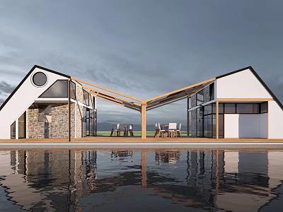 Modern Country Inn With Symmetric White Black Exterior Wooden Structure Outdoor Seating And Pool Reflection 3d model