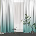 Gradient Blue Green Sheer Curtains With Potted Plant And Decorative Vase
