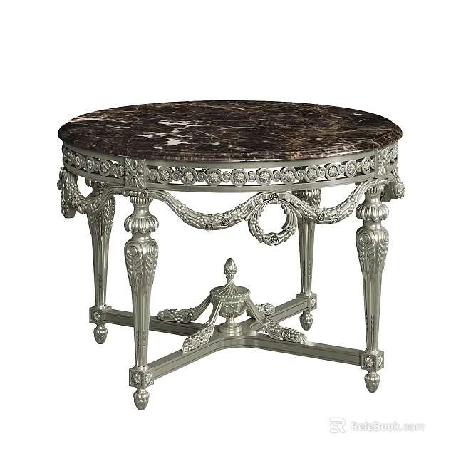 Round Coffee Table With Marble Top And Ornate Silver Metal Base 3d model 