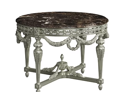 Round Coffee Table With Marble Top And Ornate Silver Metal Base 3d model