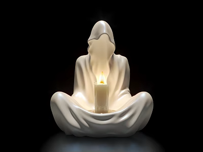 White Ceramic Hooded Figure Sculpture With Seated Pose And Lit Candle 3d model