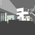 Modern Museum Building With Gray Textured Facade Geometric Glass Structure And Entrance Courtyard