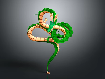Small Character Climbing On Green Snake With Orange And White Striped Body 3d model
