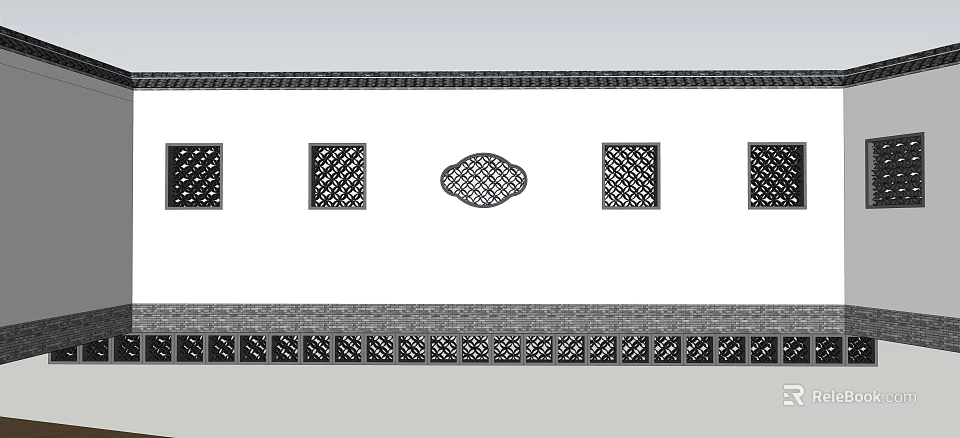 Building Exterior Wall with Various Decorative Patterns Grid Designs and Upper Lower Bands 3d model 