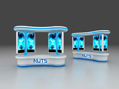 Modern Display Shelves With Curved Design Blue White Screens Showing Trees And NUTS Sign 3d model