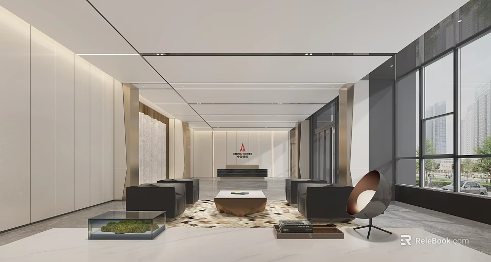 Modern Front Desk Reception Area With Spacious Lobby Waiting Sofas Coffee Table And Large Windows 3d model