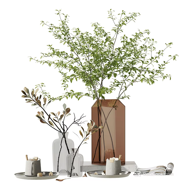 Stylish Decorative Ornament Set with Glass Vases Green Plants and Decorative Branches 3d model 