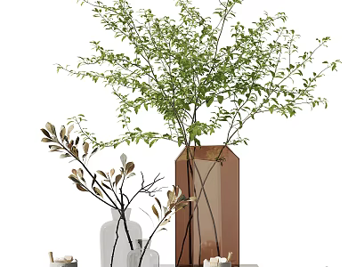 Stylish Decorative Ornament Set with Glass Vases Green Plants and Decorative Branches 3d model