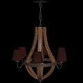 Rustic Wooden Chandelier With Red Fabric Shades And Metal Frame Design
