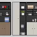 Modern Bookcase With Dark And Light Shelves Books Folders Plants And Cabinet Doors