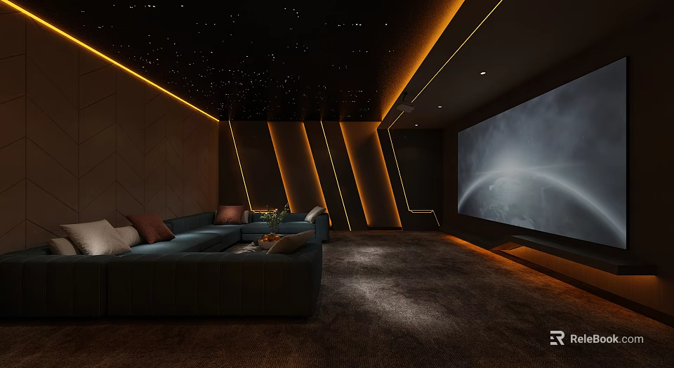 Modern Home Theater Interior With Starry Ceiling Yellow Strip Lights And Large Projection Screen 3d model 