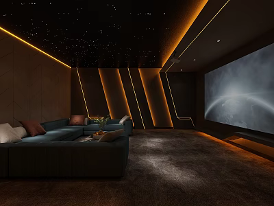Modern Home Theater Interior With Starry Ceiling Yellow Strip Lights And Large Projection Screen 3d model