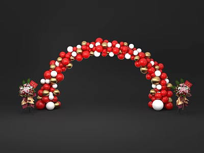 Red White and Gold Balloon Arch Adorned With Decorative Flower Bouquets Against Black Background 3d model