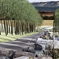 Scenic Park Landscape with Winding Path Tall Trees Rocks and Green Grass Areas