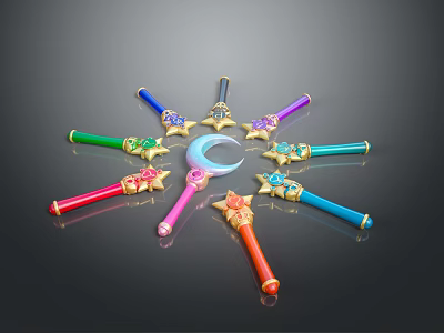 Colorful Decorative Magic Weapons With Star Moon Shaped Tops Arranged In Circle 3d model