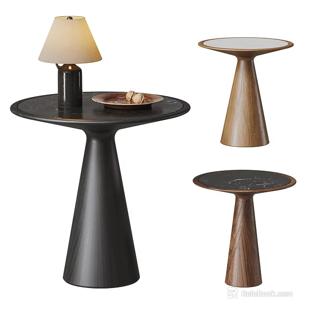 Modern Minimalist Side Tables with Round Tops and Conical Wooden Metal Bases 3d model 