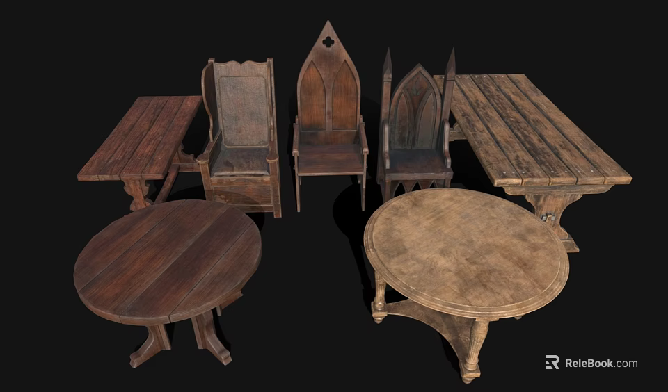 Rustic Wooden Table and Chair Set Featuring Round and Rectangular Tables with Carved Chairs 3d model