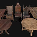 Rustic Wooden Table and Chair Set Featuring Round and Rectangular Tables with Carved Chairs 3d model
