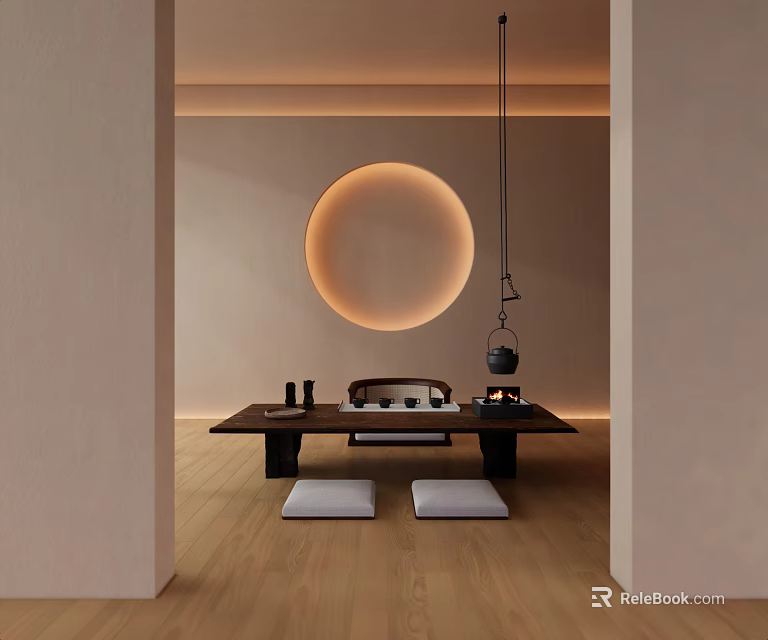 Minimalist Modern Tea Table and Chairs With Round Light Wooden Floor and Floor Cushions 3d model 