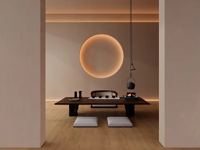 Minimalist Modern Tea Table and Chairs With Round Light Wooden Floor and Floor Cushions 3d model