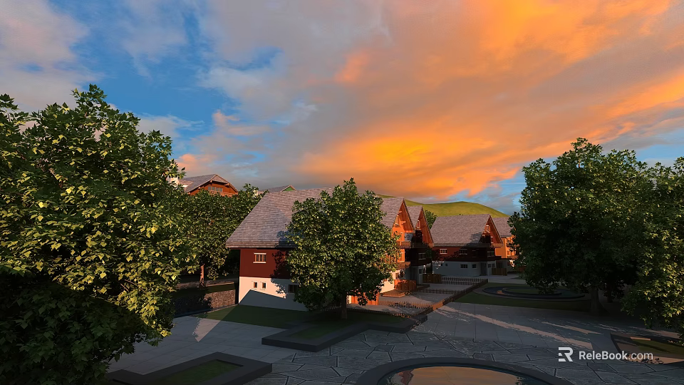 Detached Villa Exterior with Lush Trees Sunset Sky and Mountain View 3d model 