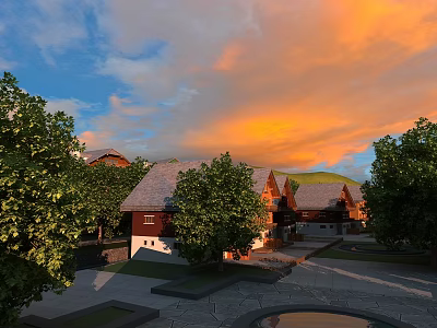 Detached Villa Exterior with Lush Trees Sunset Sky and Mountain View 3d model