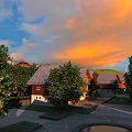 Detached Villa Exterior with Lush Trees Sunset Sky and Mountain View