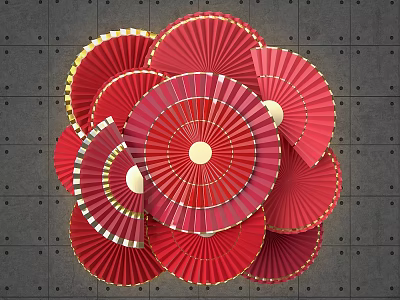 Check in Photo Spot Featuring Red Folding Fans With Golden Edges On Gray Wall 3d model