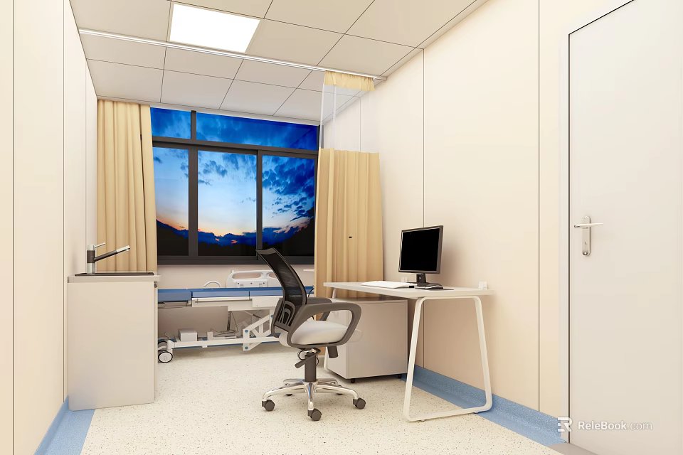 Hospital Room Interior With Hospital Bed Desk Computer Window Light Curtains And Mountain View 3d model 