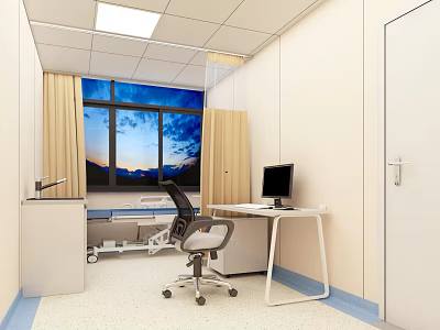 Hospital Room Interior With Hospital Bed Desk Computer Window Light Curtains And Mountain View 3d model