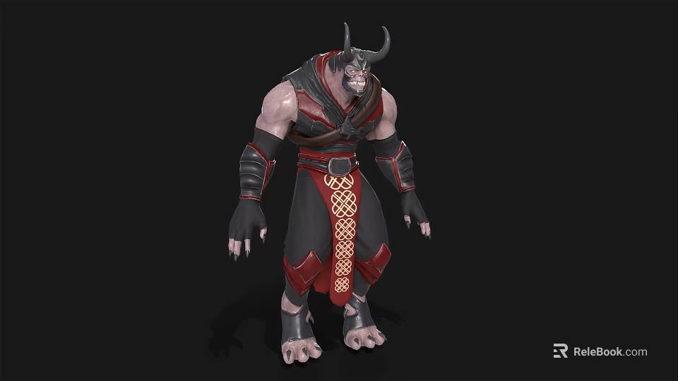 Horned Muscular Game Movie Character in Red Black Outfit with Ornamental Belt 3d model 