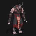 Horned Muscular Game Movie Character in Red Black Outfit with Ornamental Belt