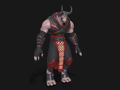 Horned Muscular Game Movie Character in Red Black Outfit with Ornamental Belt 3d model