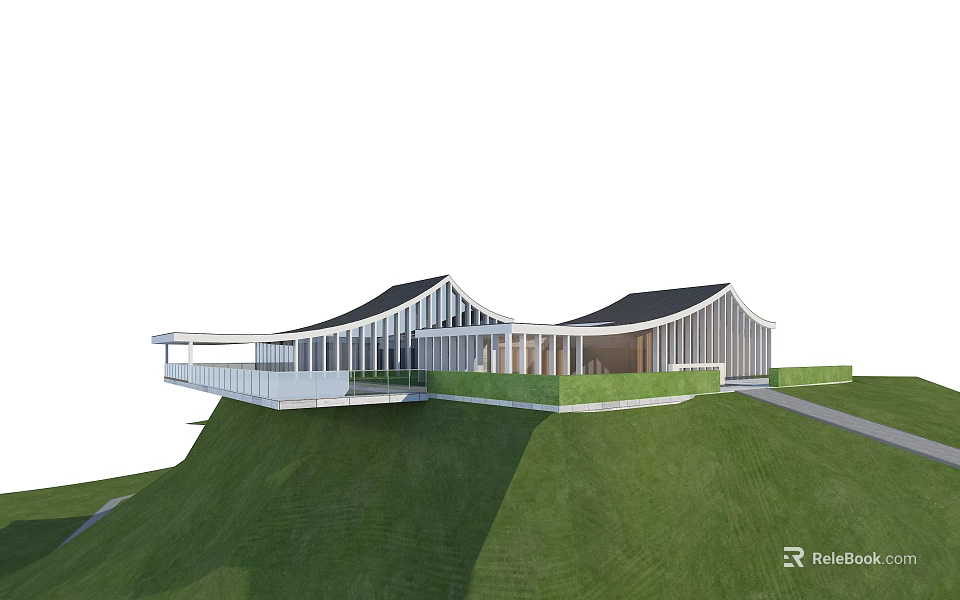 Modern Hillside Building With Wavy Roof White Structure And Grassland Path 3d model 