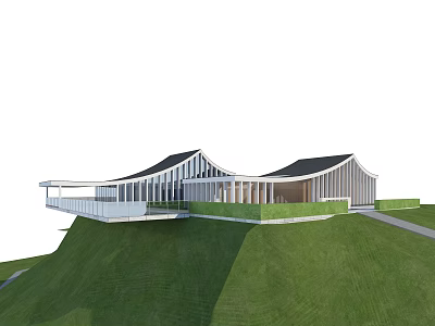 Modern Hillside Building With Wavy Roof White Structure And Grassland Path 3d model