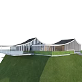 Modern Hillside Building With Wavy Roof White Structure And Grassland Path