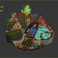 Miniature Idyllic Scenic Landscape with Wooden House Solar Panels Lush Greenery Rocks Terraced Garden and Pond