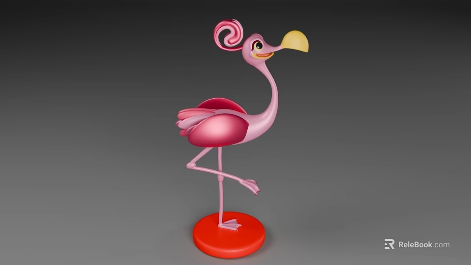 Pink Flamingo Standing On One Leg With Curled Crest Yellow Beak And Red Base 3d model 