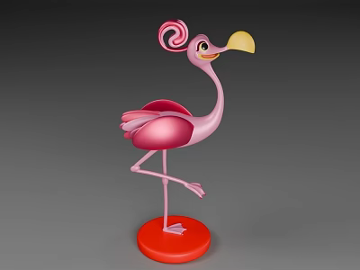 Pink Flamingo Standing On One Leg With Curled Crest Yellow Beak And Red Base 3d model